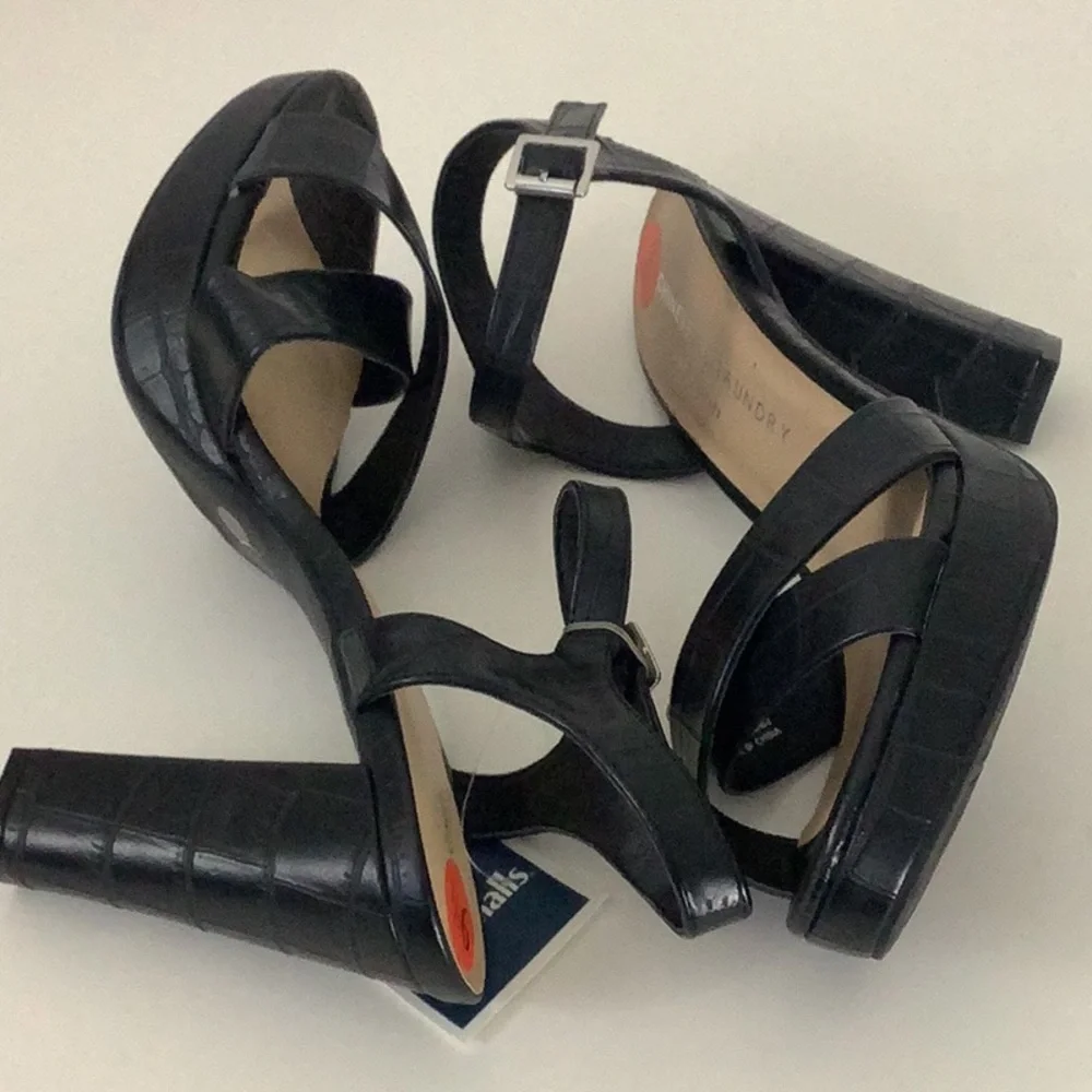 Chinese Laundry Black Platform Ankle Strap Sandals 4” Heel Patchwork Design. New